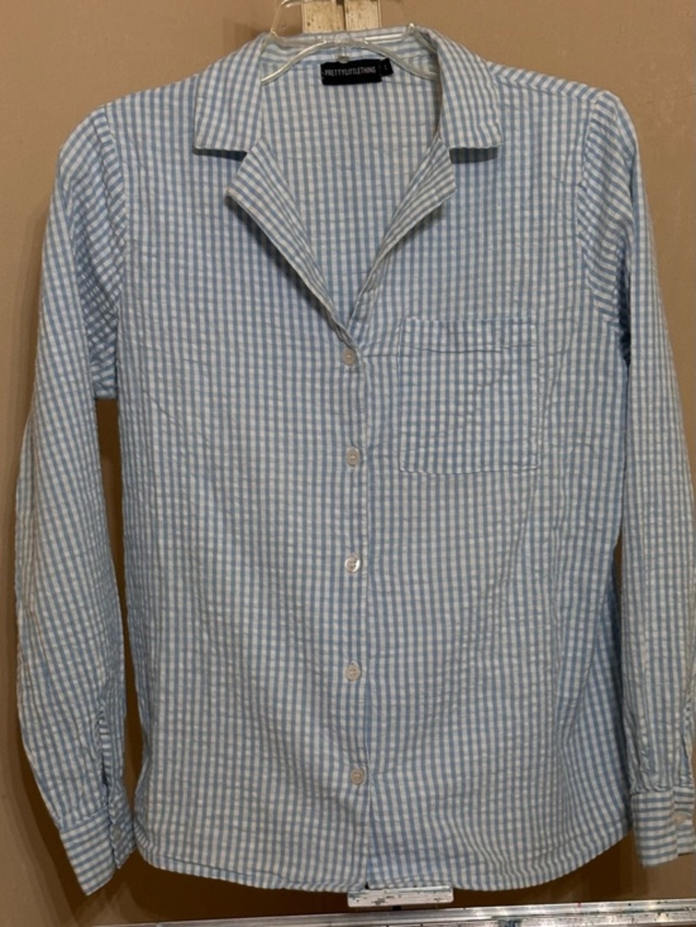 PrettyLittleThing Blue and White Gingham Button-Down PJ Top Sz Small
